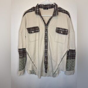 Miss Me Cream and Brown Plaid Button Up Shirt